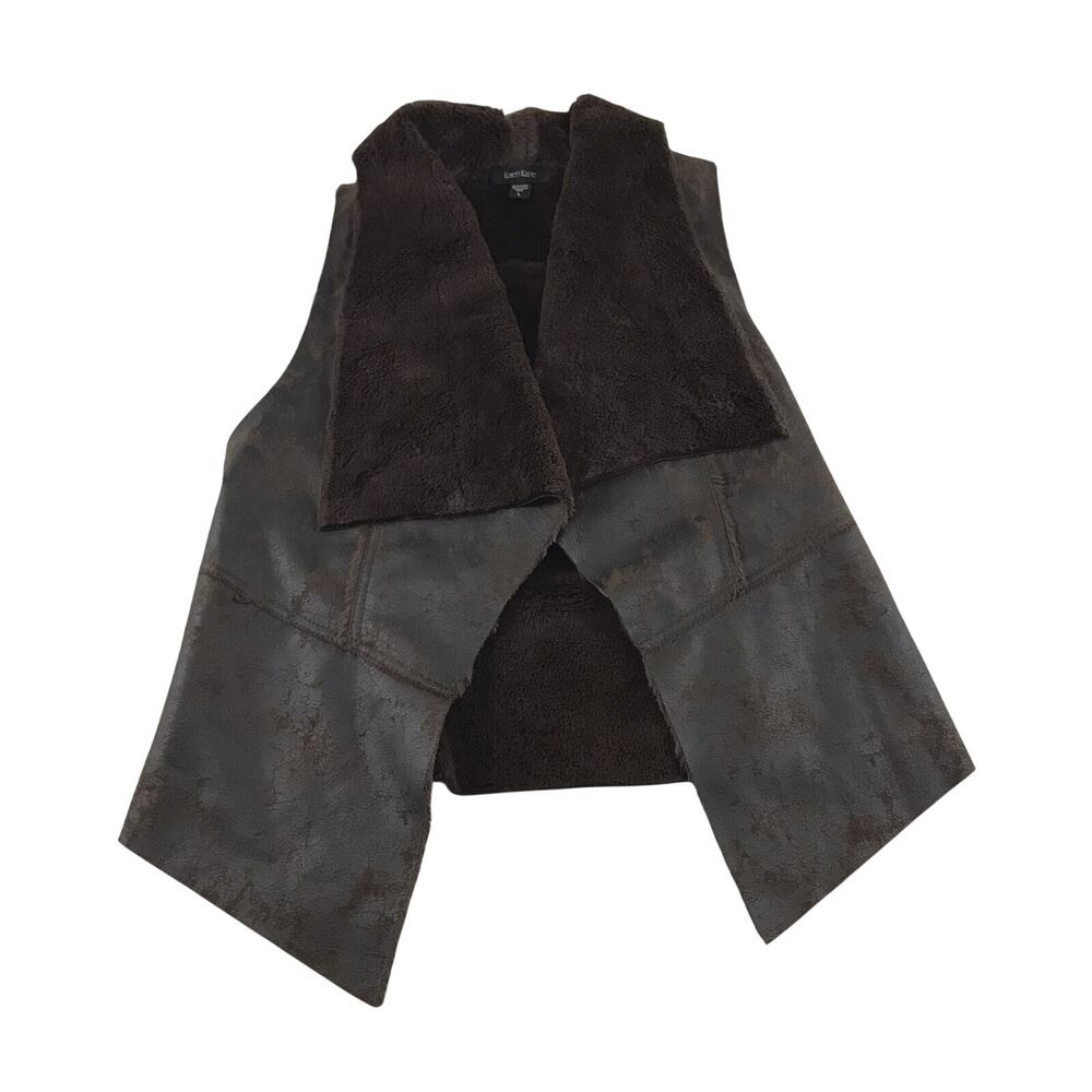 Vest Faux Fur Lined Leather Karen Kane Brown Large Chocolate Open Front Collared